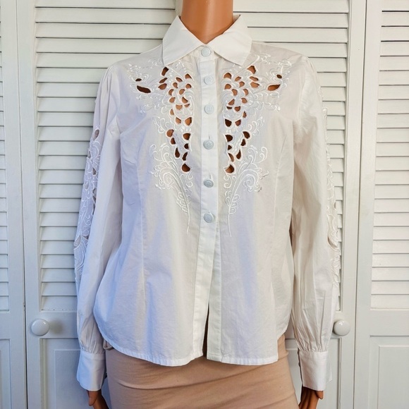 MUCHE & MUCHETTE White Lois Cutwork Button Down Blouse Size Small Medium - Picture 2 of 10